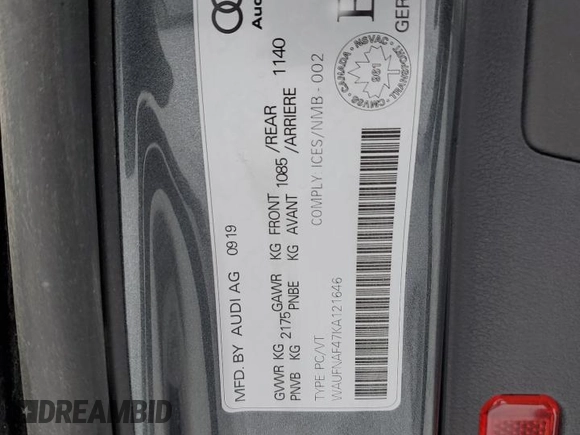 2019 Audi A4 Prestige with VIN WAUFNAF47KA121646, listed as a Copart auction lot 83153154 with 68,912 mi miles and Salvage Title. Bid and sale history available at carsss.com. Image 13.