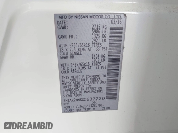 2016 Nissan Pathfinder S with VIN 5N1AR2MN8GC637220, listed as a IAAI auction lot 42382682 with 237,881 mi miles and . Bid and sale history available at DreamBid. Image 9.