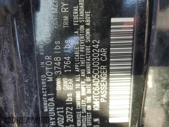 2012 Hyundai Veloster w/Red Int with VIN KMHTC6AD5CU030242, listed as a Copart auction lot 83016604 with 142,555 mi miles and Salvage title. Bid and sale history available at DreamBid. Image 12.