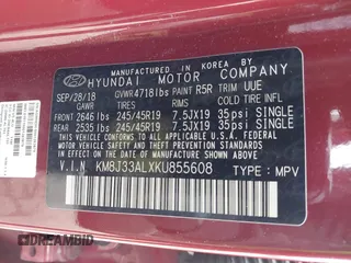 2019 Hyundai Tucson SEL with VIN KM8J33ALXKU855608, listed as a IAAI auction lot 41906199 with 52,741 mi miles. Bid and sale history available at carsss.com. Image 9.