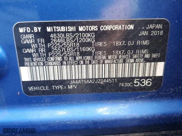 2018 Mitsubishi Eclipse Cross SE with VIN JA4AT5AA2JZ044511, listed as a Copart auction lot 75997464 with 0 mi miles and Salvage Title. Bid and sale history available at carsss.com. Image 14.
