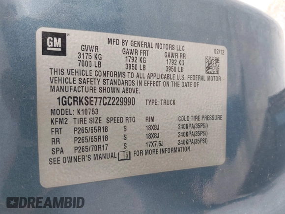 2012 Chevrolet Silverado 1500 LT with VIN 1GCRKSE77CZ229990, listed as a IAAI auction lot 42005336 with 229,317 mi miles. Bid and sale history available at carsss.com. Image 9.