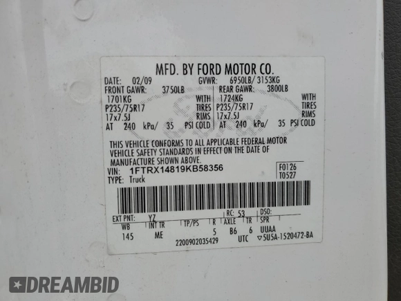 2009 Ford F-150 STX с VIN 1FTRX14819KB58356, выставлен на аукционе Copart как лот 52380875 с пробегом 110 814 миль миль и Чистый • Clean title. История ставок и продаж доступна на DreamBid. Изображение 12.