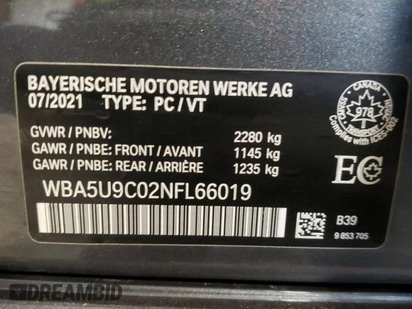 2022 BMW 3 Series M340i xDrive with VIN WBA5U9C02NFL66019, listed as a Copart auction lot 86330044 with 42,394 mi miles and Salvage Title. Bid and sale history available at DreamBid. Image 12.