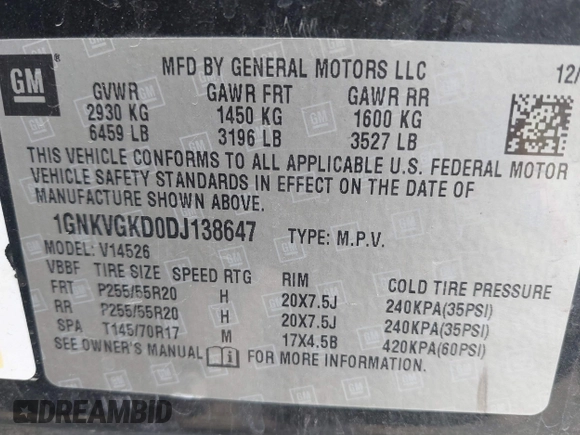 2013 Chevrolet Traverse LT with VIN 1GNKVGKD0DJ138647, listed as a IAAI auction lot 41793483 with 181,003 mi miles and . Bid and sale history available at DreamBid. Image 9.