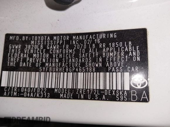 2016 Toyota Corolla L with VIN 5YFBURHE8GP465188, listed as a IAAI auction lot 41714985 with 101,943 mi miles and . Bid and sale history available at DreamBid. Image 9.