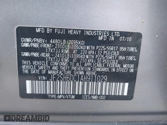 2010 Subaru Forester X Limited with VIN JF2SH6DC1AH911029, listed as a IAAI auction lot 42700554 with 134,017 mi miles and . Bid and sale history available at DreamBid. Image 9.