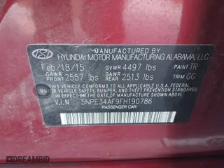 2015 Hyundai Sonata 2.4L Limited with VIN 5NPE34AF9FH190786, listed as a IAAI auction lot 41695870 with 137,178 mi miles. Bid and sale history available at carsss.com. Image 9.