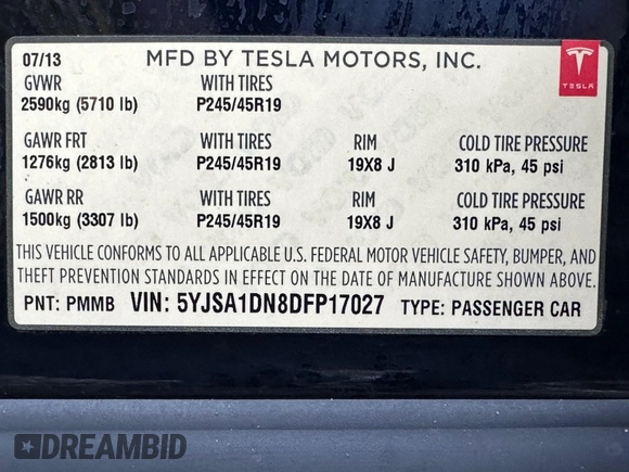 2013 Tesla Model S with VIN 5YJSA1DN8DFP17027, listed as a IAAI auction lot 42168317 with 148,394 mi miles. Bid and sale history available at carsss.com. Image 9.