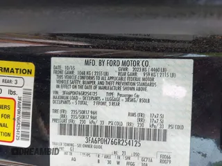 2016 Ford Fusion SE with VIN 3FA6P0H76GR254125, listed as a IAAI auction lot 42522625 with 276,982 mi miles and . Bid and sale history available at DreamBid. Image 9.