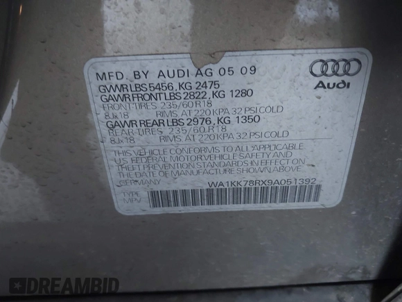 2009 Audi Q5 Premium Plus с VIN WA1KK78RX9A051392, выставлен на аукционе IAAI как лот 42297053 с пробегом 182 591 миль миль и . История ставок и продаж доступна на DreamBid. Изображение 9.