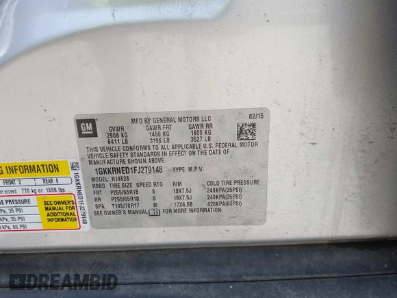2015 GMC Acadia SLE with VIN 1GKKRNED1FJ279148, listed as a IAAI auction lot 42587527 with 178,605 mi miles and . Bid and sale history available at DreamBid. Image 9.