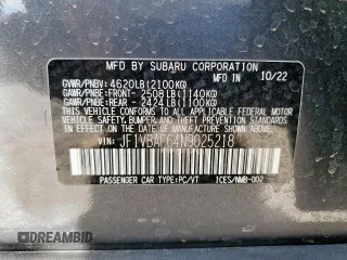 2022 Subaru WRX Premium с VIN JF1VBAF64N9025218, выставлен на аукционе Copart как лот 57229895 с пробегом 20 006 миль миль и Списание • Salvage title. История ставок и продаж доступна на DreamBid. Изображение 12.