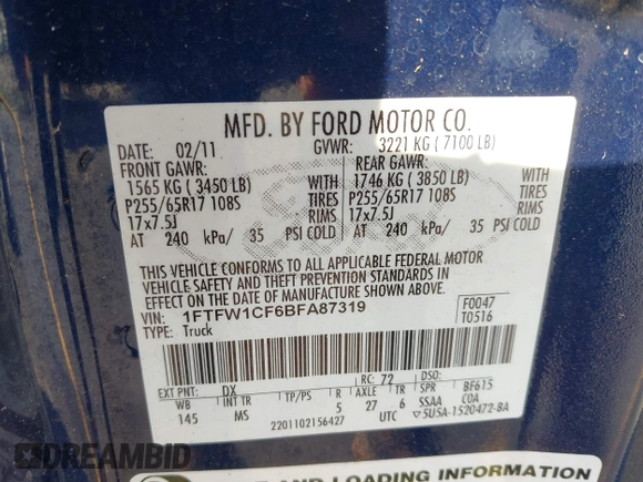 2011 Ford F-150 XL z VIN 1FTFW1CF6BFA87319, wystawiony jako IAAI lot #42449254 z przebiegiem 205 335 mil mil oraz . Historia ofert i sprzedaży dostępna na DreamBid. Obrazek 9.