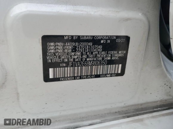 2021 Subaru WRX STI with VIN JF1VA2E68M9806350, listed as a Copart auction lot 86942334 with 46,687 mi miles and Salvage Title. Bid and sale history available at carsss.com. Image 12.