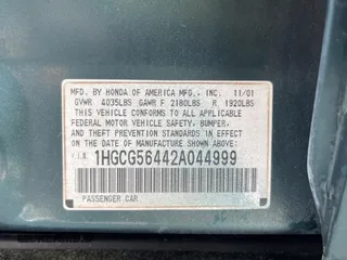 2002 Honda Accord LX z VIN 1HGCG56442A044999, wystawiony jako Copart lot #56222325 z przebiegiem Nie podano mil oraz Czysty tytuł • Clean title. Historia ofert i sprzedaży dostępna na DreamBid. Obrazek 10.