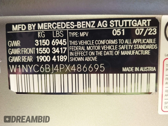 2023 Mercedes-Benz G 550 with VIN W1NYC6BJ4PX486695, listed as a IAAI auction lot 41638507 with 8,678 mi miles and . Bid and sale history available at DreamBid. Image 9.