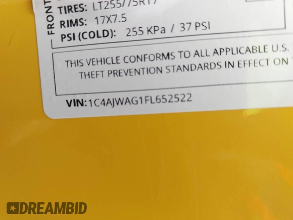 2015 Jeep Wrangler Freedom Edition with VIN 1C4AJWAG1FL652522, listed as a IAAI auction lot 42592232 with Not provided miles and . Bid and sale history available at DreamBid. Image 9.