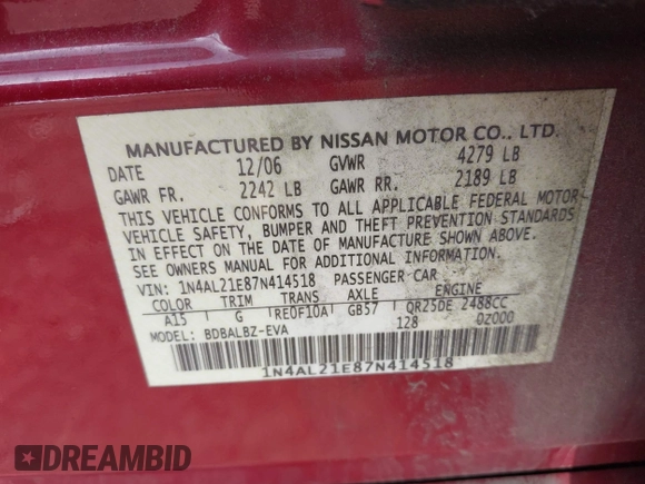 2007 Nissan Altima 2.5 with VIN 1N4AL21E87N414518, listed as a IAAI auction lot 41788225 with 172,013 mi miles. Bid and sale history available at carsss.com. Image 9.