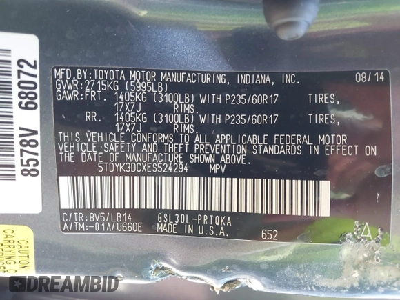 2014 Toyota Sienna XLE with VIN 5TDYK3DCXES524294, listed as a IAAI auction lot 42546467 with 122,257 mi miles and . Bid and sale history available at DreamBid. Image 9.