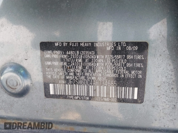 2010 Subaru Forester X Limited with VIN JF2SH6DC4AH734685, listed as a IAAI auction lot 41850657 with 122,065 mi miles and . Bid and sale history available at DreamBid. Image 9.