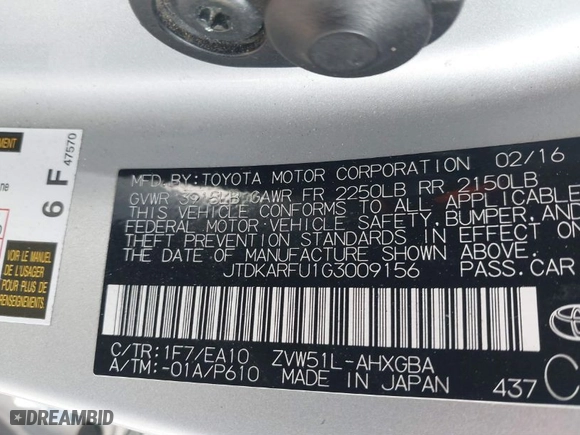 2016 Toyota Prius Four with VIN JTDKARFU1G3009156, listed as a IAAI auction lot 40906451 with 67,449 mi miles. Bid and sale history available at carsss.com. Image 9.