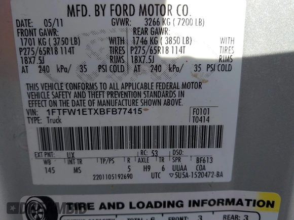 2011 Ford F-150 XLT with VIN 1FTFW1ETXBFB77415, listed as a IAAI auction lot 42048378 with 202,620 mi miles. Bid and sale history available at carsss.com. Image 9.