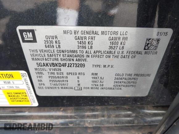 2015 Buick Enclave Leather with VIN 5GAKVBKD4FJ273209, listed as a IAAI auction lot 42178192 with 126,184 mi miles and . Bid and sale history available at carsss.com. Image 9.