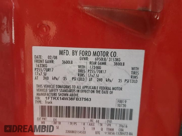 2008 Ford F-150 STX z VIN 1FTRX14W38FB37563, wystawiony jako Copart lot #56236475 z przebiegiem 185 648 mil mil oraz Szkoda całkowita • Salvage title. Historia ofert i sprzedaży dostępna na DreamBid. Obrazek 13.