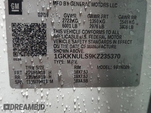 2019 GMC Acadia SLT z VIN 1GKKNULS9KZ235370, wystawiony jako Copart lot #55449085 z przebiegiem 106 164 mil mil oraz Szkoda całkowita • Salvage title. Historia ofert i sprzedaży dostępna na DreamBid. Obrazek 13.