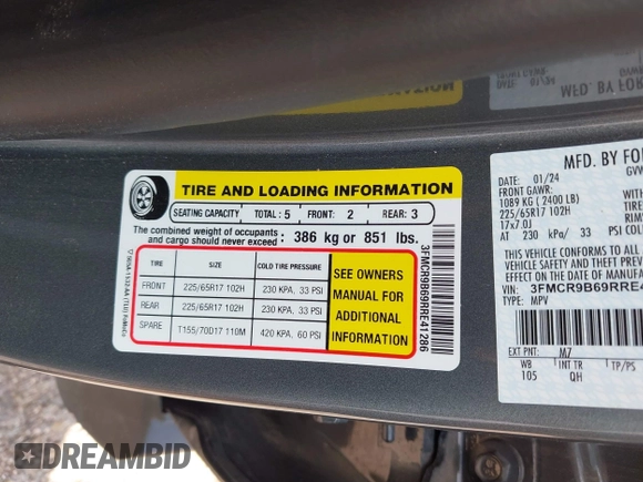 2024 Ford Bronco Sport Big Bend with VIN 3FMCR9B69RRE41286, listed as a IAAI auction lot 42654547 with 8,041 mi miles and . Bid and sale history available at DreamBid. Image 9.
