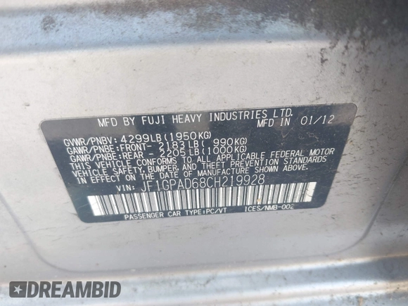 2012 Subaru Impreza Premium with VIN JF1GPAD68CH219928, listed as a IAAI auction lot 42362379 with 209,514 mi miles and . Bid and sale history available at DreamBid. Image 9.