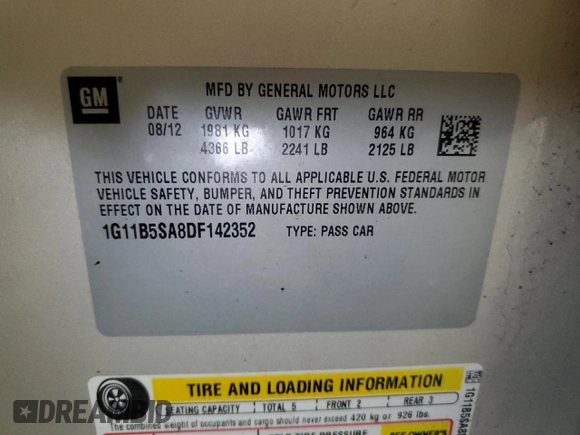 2013 Chevrolet Malibu LS with VIN 1G11B5SA8DF142352, listed as a Copart auction lot 54569385 with 89,956 mi miles and Salvage Title. Bid and sale history available at DreamBid. Image 13.