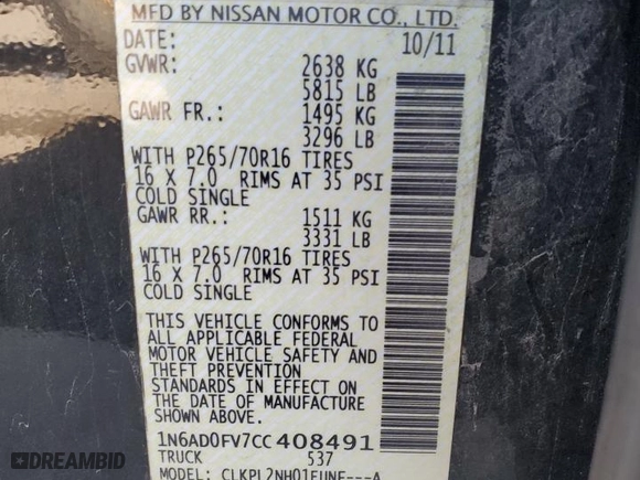 2012 Nissan Frontier SV with VIN 1N6AD0FV7CC408491, listed as a Copart auction lot 79810454 with 144,663 mi miles and Salvage Title. Bid and sale history available at carsss.com. Image 12.