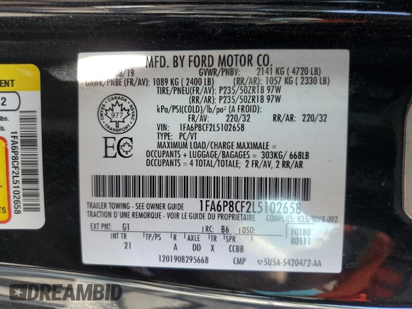 2020 Ford Mustang GT с VIN 1FA6P8CF2L5102658, выставлен на аукционе Copart как лот 59606035 с пробегом 32 706 миль миль и Списание • Salvage title. История ставок и продаж доступна на DreamBid. Изображение 12.