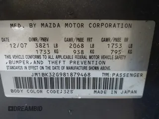 2008 Mazda 3 i Touring with VIN JM1BK32G981879468, listed as a IAAI auction lot 42224828 with 53,258 mi miles and . Bid and sale history available at DreamBid. Image 9.