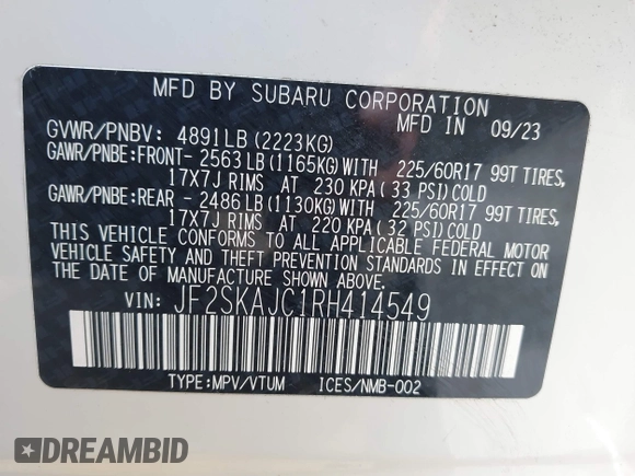 2024 Subaru Forester Wilderness with VIN JF2SKAJC1RH414549, listed as a IAAI auction lot 42169132 with 9,798 mi miles and . Bid and sale history available at DreamBid. Image 9.