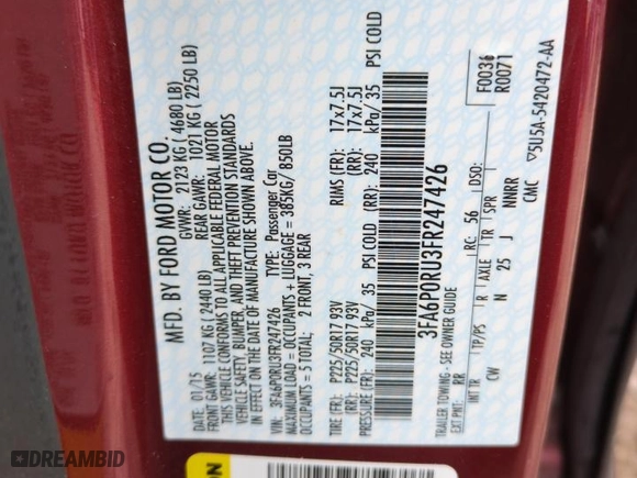 2015 Ford Fusion Titanium Hybrid with VIN 3FA6P0RU3FR247426, listed as a Copart auction lot 51473485 with 108,692 mi miles and Salvage Title. Bid and sale history available at carsss.com. Image 13.