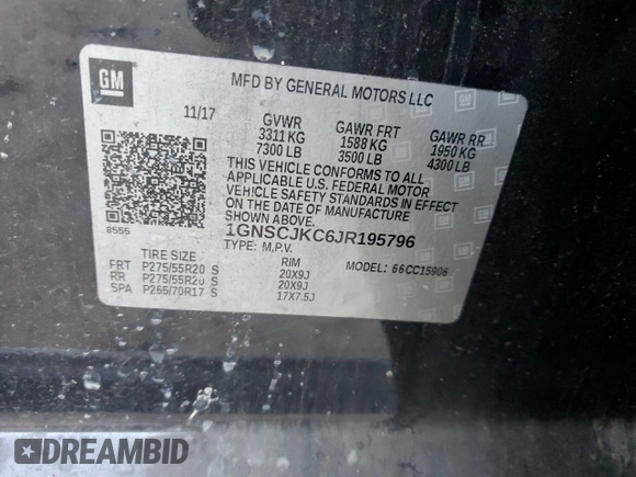 2018 Chevrolet Suburban Premier z VIN 1GNSCJKC6JR195796, wystawiony jako Copart lot #71455954 z przebiegiem Nie podano mil oraz Szkoda całkowita • Salvage title. Historia ofert i sprzedaży dostępna na DreamBid. Obrazek 13.