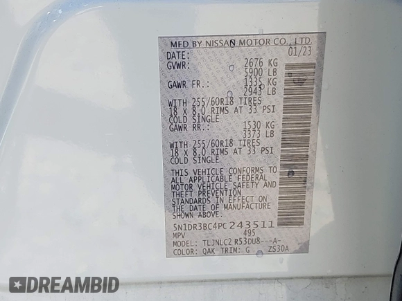 2023 Nissan Pathfinder SV z VIN 5N1DR3BC4PC243511, wystawiony jako IAAI lot #41742729 z przebiegiem 43 909 mil mil oraz . Historia ofert i sprzedaży dostępna na DreamBid. Obrazek 9.