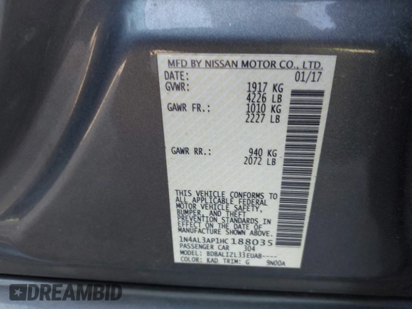 2017 Nissan Altima SV с VIN 1N4AL3AP1HC188035, выставлен на аукционе IAAI как лот 42144456 с пробегом 185 171 миль миль и . История ставок и продаж доступна на DreamBid. Изображение 9.