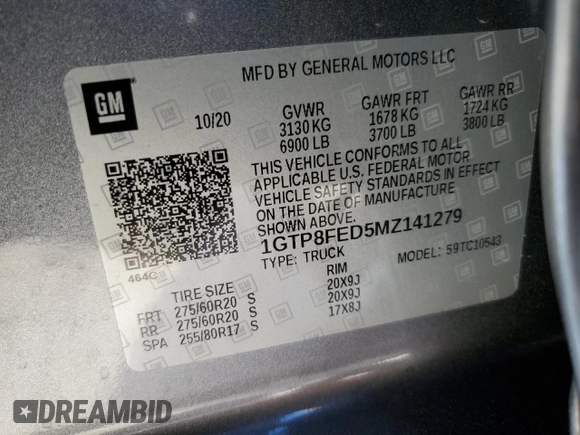 2021 GMC Sierra 1500 with VIN 1GTP8FED5MZ141279, listed as a Copart auction lot 81085554 with Not Provided miles and Non Repairable. Bid and sale history available at DreamBid. Image 12.