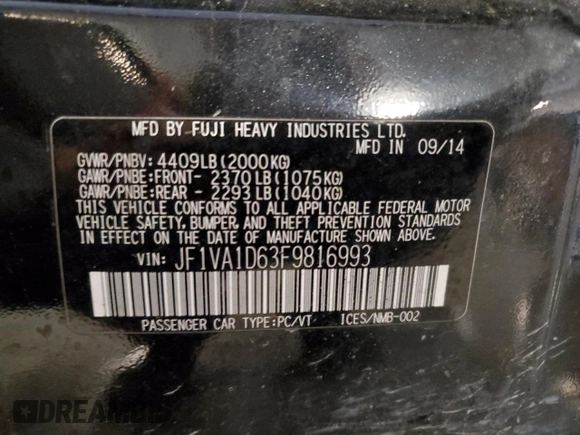 2015 Subaru WRX Premium with VIN JF1VA1D63F9816993, listed as a Copart auction lot 57144565 with 107,860 mi miles and Salvage title. Bid and sale history available at DreamBid. Image 12.