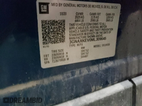 2021 Chevrolet Equinox LT with VIN 3GNAXKEV0ML309645, listed as a Copart auction lot 81958994 with 75,576 mi miles and Salvage Title. Bid and sale history available at DreamBid. Image 13.