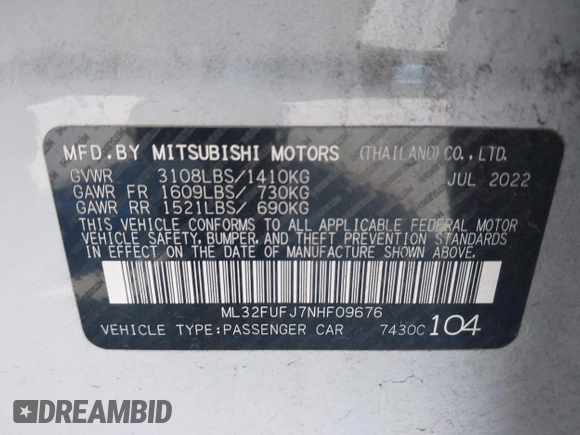 2022 Mitsubishi Mirage ES с VIN ML32FUFJ7NHF09676, выставлен на аукционе IAAI как лот 42298981 с пробегом 50 026 миль миль и . История ставок и продаж доступна на DreamBid. Изображение 9.