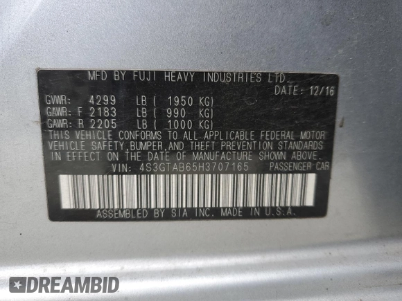 2017 Subaru Impreza Premium z VIN 4S3GTAB65H3707165, wystawiony jako Copart lot #60348225 z przebiegiem 104 779 mil mil oraz Szkoda całkowita • Salvage title. Historia ofert i sprzedaży dostępna na DreamBid. Obrazek 13.