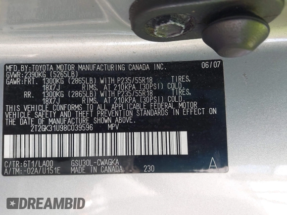 2008 Lexus RX 350 with VIN 2T2GK31U98C039596, listed as a IAAI auction lot 42099711 with 180,395 mi miles and . Bid and sale history available at DreamBid. Image 9.
