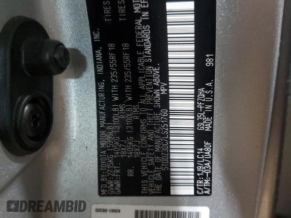 2020 Toyota Sienna XLE with VIN 5TDDZ3DC7LS251760, listed as a Copart auction lot 60125385 with 62,326 mi miles and Salvage title. Bid and sale history available at DreamBid. Image 14.