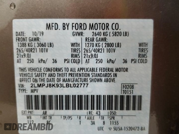 2020 Lincoln Nautilus Reserve z VIN 2LMPJ8K93LBL02777, wystawiony jako Copart lot #59559575 z przebiegiem Nie podano mil oraz Szkoda całkowita • Salvage title. Historia ofert i sprzedaży dostępna na DreamBid. Obrazek 13.