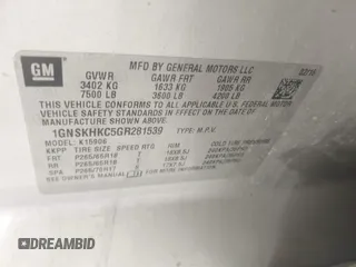 2016 Chevrolet Suburban LT z VIN 1GNSKHKC5GR281539, wystawiony jako IAAI lot #42500552 z przebiegiem 244 064 mil mil oraz . Historia ofert i sprzedaży dostępna na DreamBid. Obrazek 9.